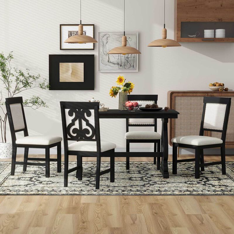 5Piece Retro Dining Set, Rectangular Wooden Dining Table and 4 Upholstered Chairs for Dining Room and Kitchen (Black)