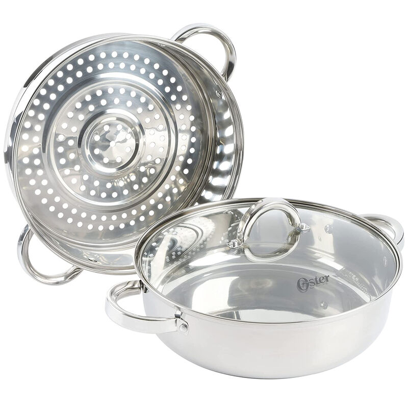 Oster Sangerfield 3 Piece 11 Inch Stainless Steel Everyday Pan with Steamer and Lid