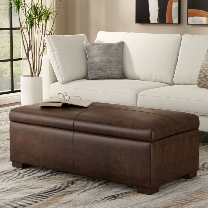 Gabbie 48 inch Wide Contemporary Rectangle Rectangular Storage Ottoman in Distressed Chestnut Brown  Vegan Faux Leather, Assembled