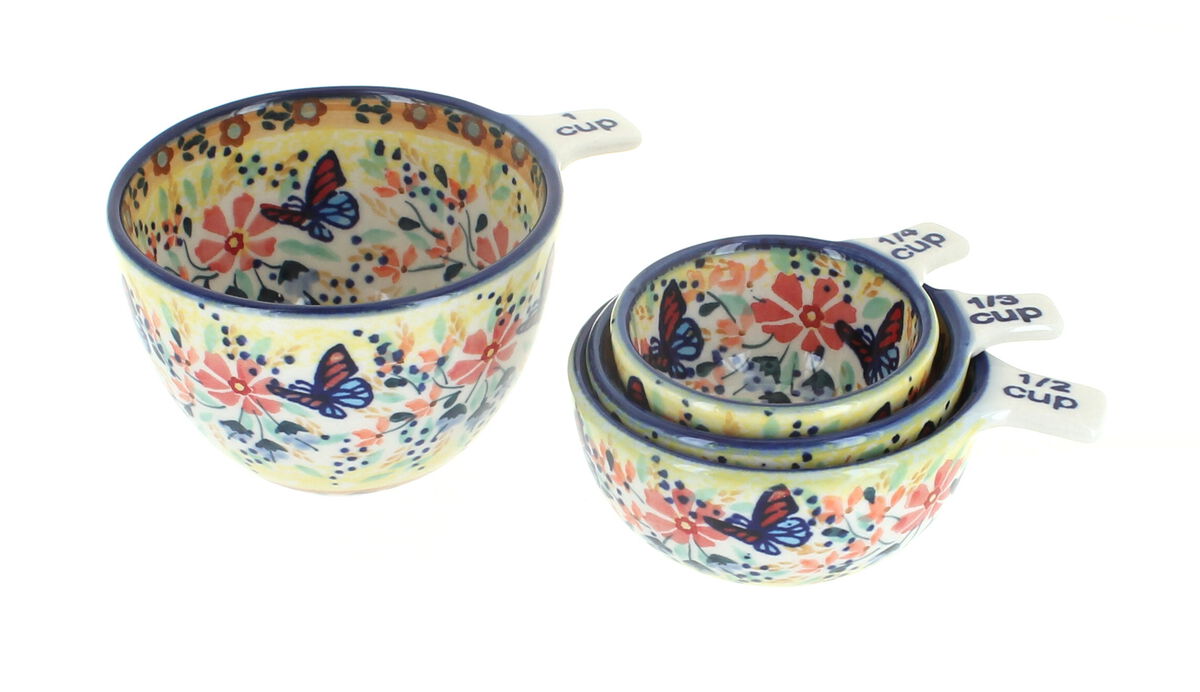 Blue Rose Polish Pottery Red Daisy Measuring Cup Set