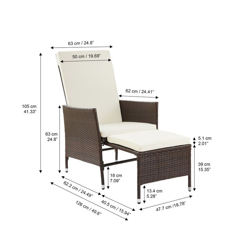 Teamson Home Outdoor Rattan Patio Chair with Ottoman and Cushions, Brown/White