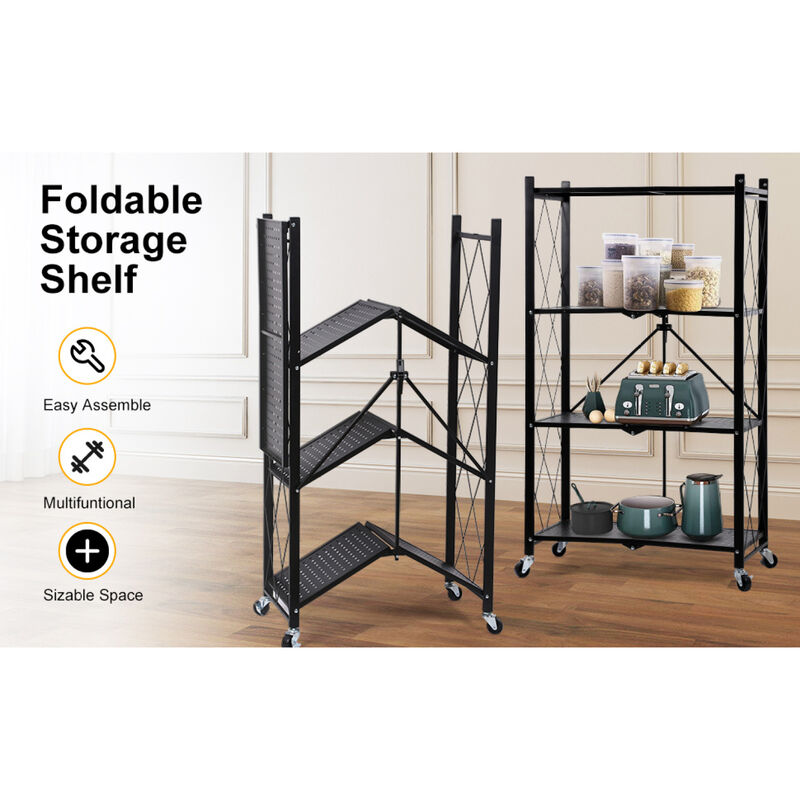 4-Tier Heavy Duty Foldable Metal Rack Storage Shelving Unit with Wheels Moving Easily Organizer Shelves Great for Garage Kitchen Holds up to 1000 lbs Capacity, Black