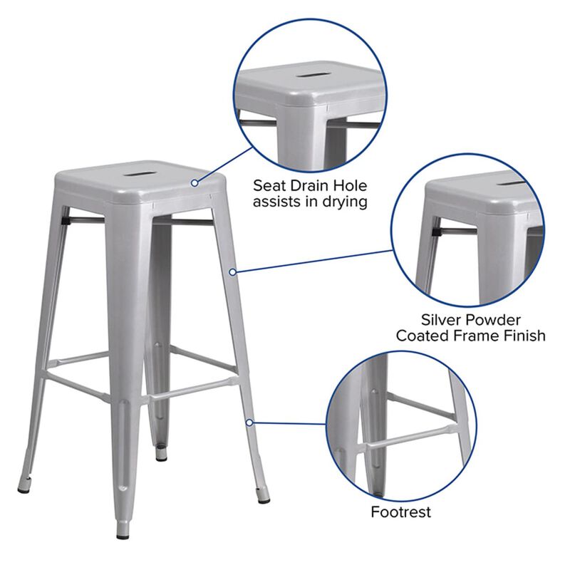 Flash Furniture Commercial Grade 30" High Backless Silver Metal Indoor-Outdoor BarStool with Square Seat
