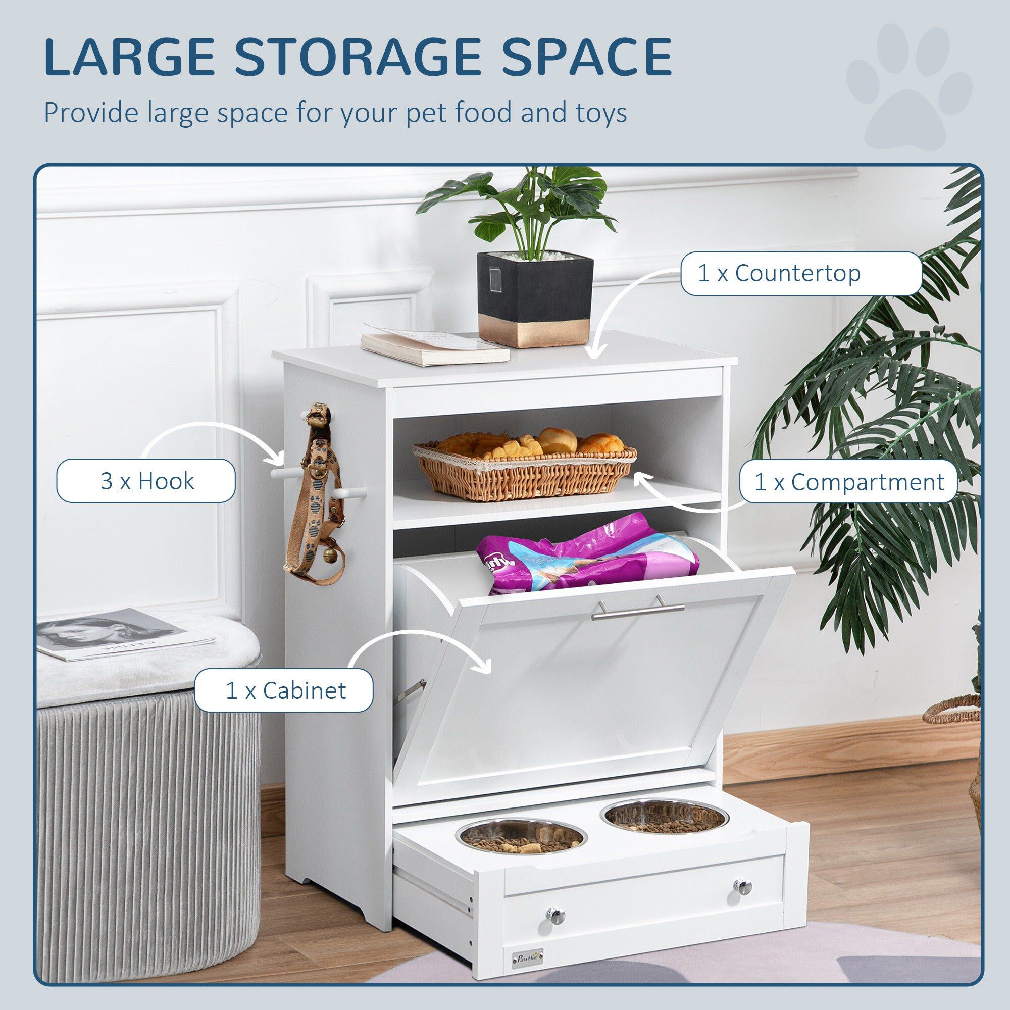 Pet Feeder Station Dog and Cat Food Storage Feeding Station Food Cabinet Pet Storage Organizer White