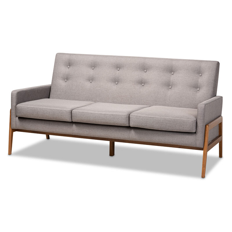 Baxton Studio Perris Mid-Century Modern Light Grey Fabric Upholstered Walnut Finished Wood Sofa