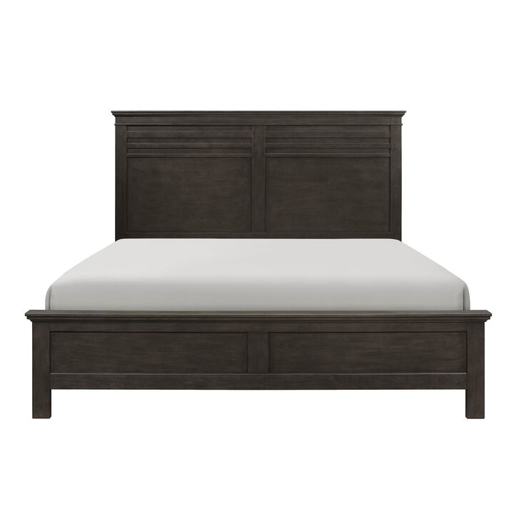 Candy Queen Bed, Farmhouse Embossed Accented Headboard, Charcoal Gray Wood - Benzara