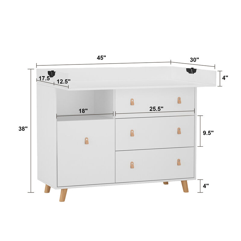 White 4-Drawer 45 in. Width, Wooden Stylish Chest of Drawers, Dresser, Storage Cabinet with Open Shelf