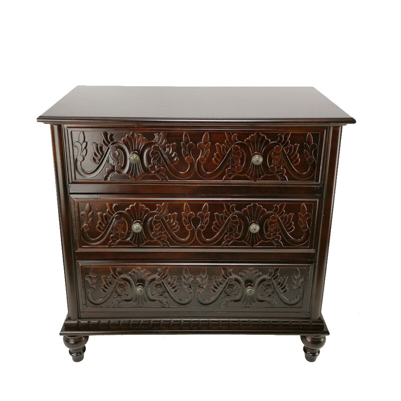 32 Inch Classic Wood Dresser Chest, 3 Drawers, Floral Carving, Brass, Brown - Benzara