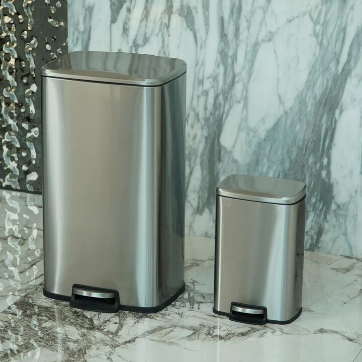 8 Gal./30 Liter and 1.3 Gal./5 Liter  Rectangular Stainless Steel Step-on Trash Can Set for Kitchen and Bathroom