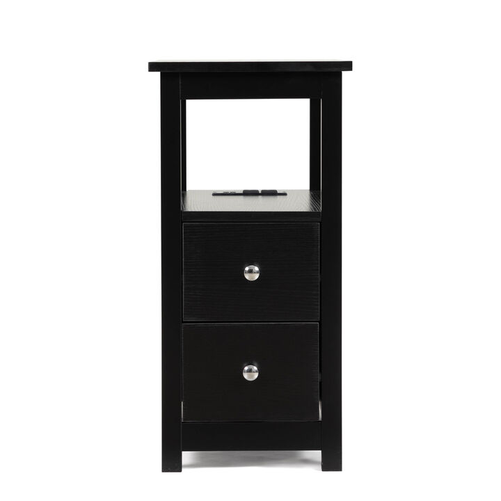 End Table With Charging Station, Narrow Sofa Side Table, Wooden Nightstand, Bedroom, Black