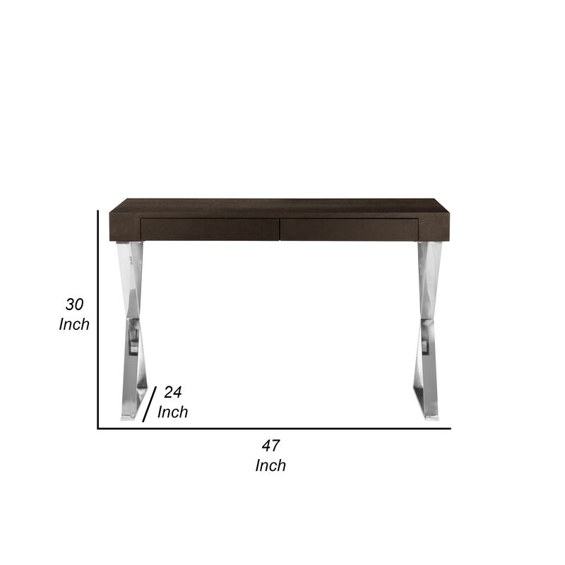 Rix 47 Inch Office Desk, Espresso Brown Wood, 2 Drawers, X Polished Steel - Benzara