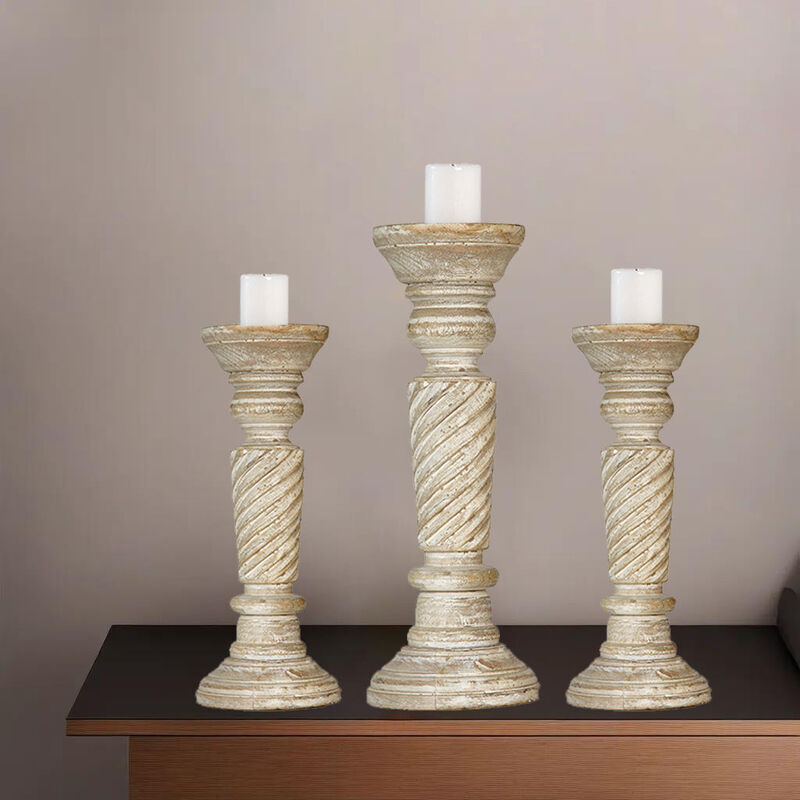 Traditional Antique White Eco-friendly Handmade Mango Wood Set Of Three 9",12" & 9" Pillar Candle Holder BBH Homes