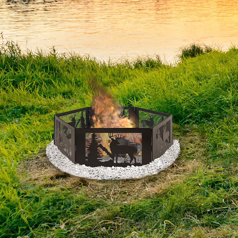 Hivvago Deer Print Hexagon Portable Folding Steel Mesh Fire Pit w/ Carry Case