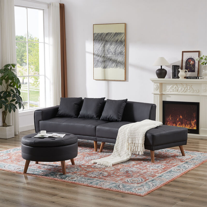 107" Contemporary Sofa Stylish Sofa Couch With A Round Storage Ottoman and 3 Pillows