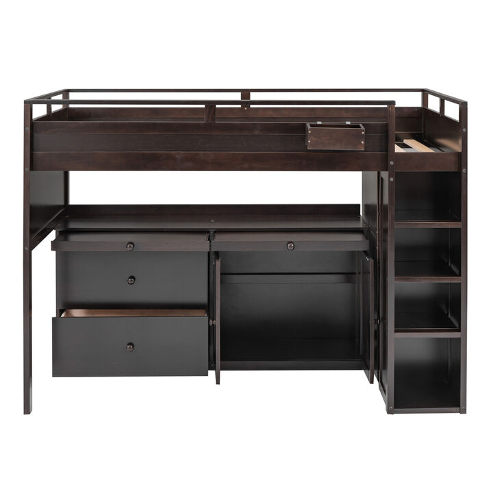 Loft Bed with Rolling Cabinet and Desk - Espresso