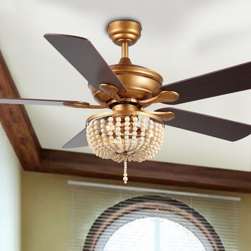 Erin Rustic Farmhouse Iron/Wood Bead Mobile Appremote Controlled LED Ceiling Fan