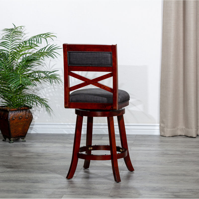 30" Bar Height X-Back Swivel Stool, Stool, Cherry Finish, Charcoal Fabric Seat