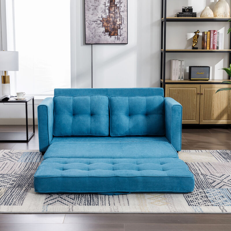 59.4" Loveseat Sofa with Pull-Out Bed Modern Upholstered Couch with Side Pocket for Living Room Office, Blue