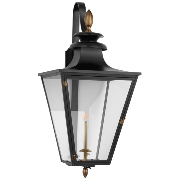 Albermarle Large Bracketed Gas Wall Lantern in Matte Black and Brass with Clear Glass
