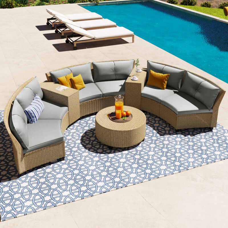 6 - Person Fan-shaped Rattan Suit Combination with Cushions and Table,Suitable for Garden