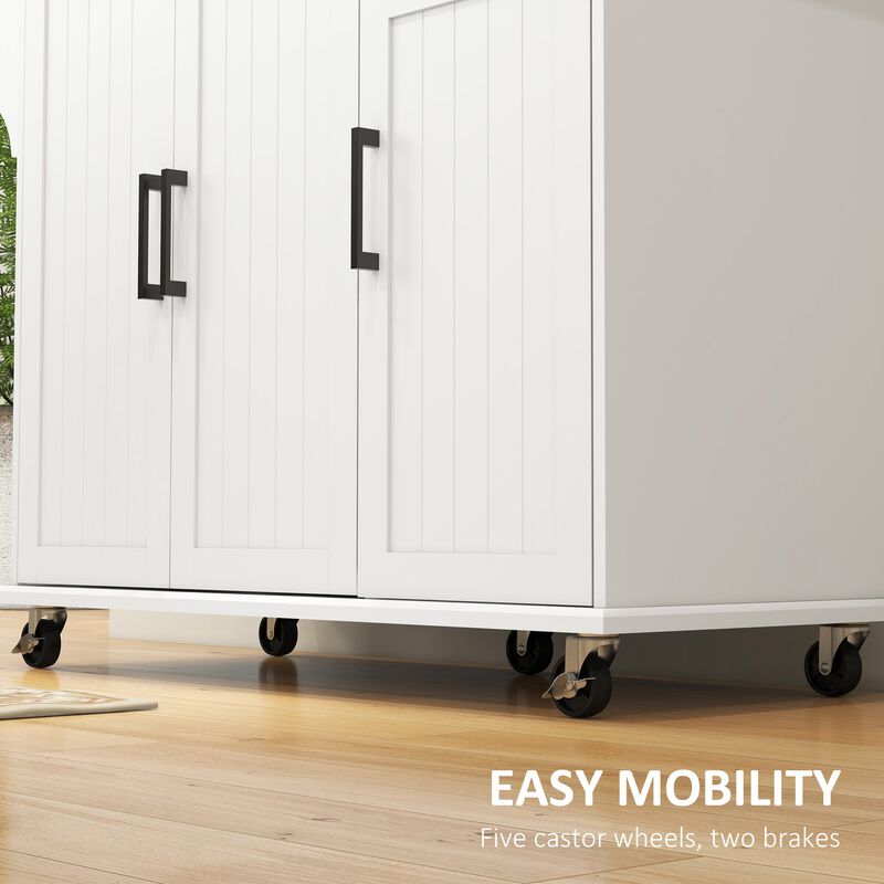 White Rolling Kitchen Island: Stainless Top, 3 Cabinets