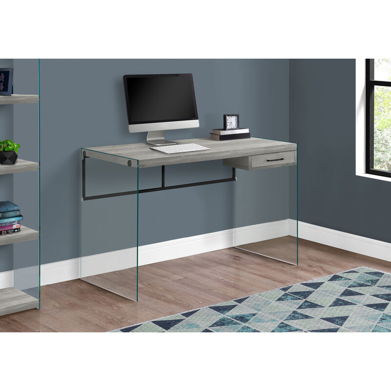 Monarch Specialties I 7445 Computer Desk, Home Office, Laptop, Storage Drawers, 48"L, Work, Tempered Glass, Laminate, Grey, Clear, Contemporary, Modern