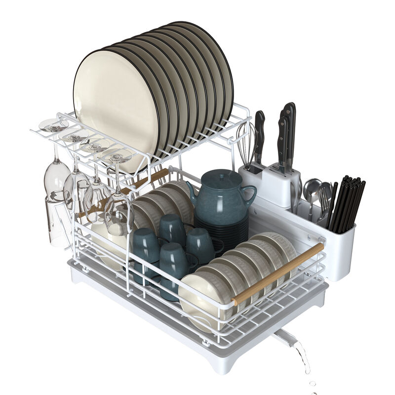 Adjustable Dish Rack With Bamboo Handle White