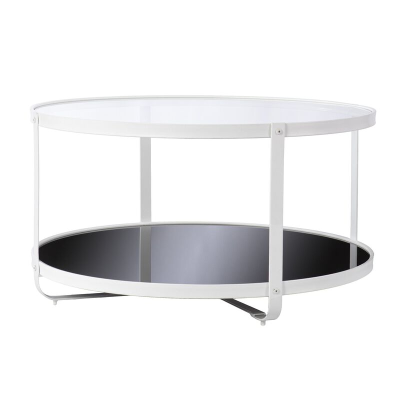 Homezia 32" White Glass And Metal Two Tier Round Coffee Table