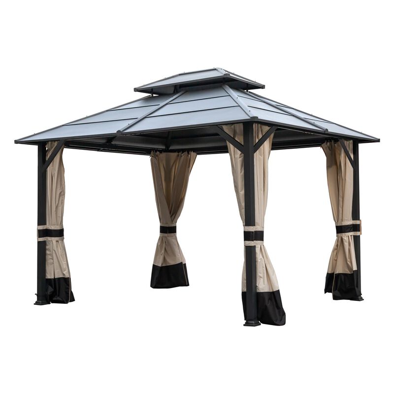 MONDAWE 10 ft×12 ft Metal Hardtop Double Roof Patio Gazebo with Netting and Curtains