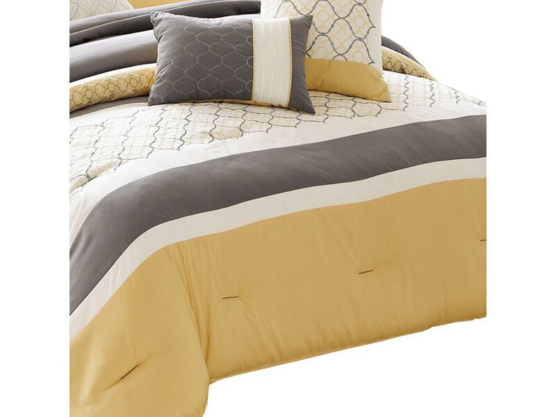 Quatrefoil Print King Size 7 Piece Fabric Comforter Set, Yellow and Gray - Benzara