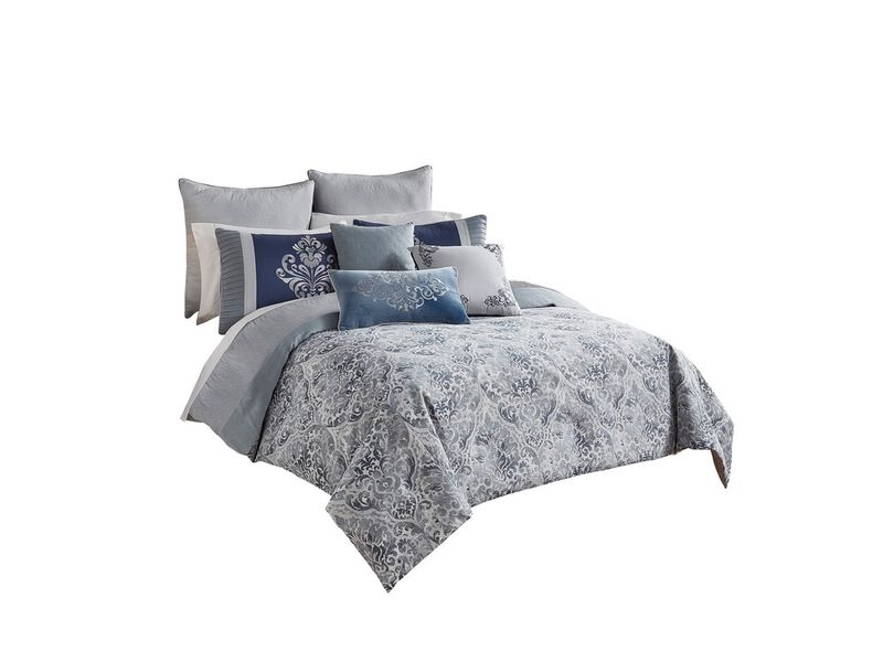 10 Piece King Polyester Comforter Set with Damask Prints, Blue and Gray - Benzara
