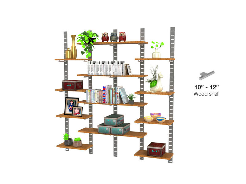 Trendy  Living Room Shelving System 91" High with 12 Mixed Wood Shelves 24" and 48" Length 10"-12" Width | 4 Sections- Shelves Sold Separately