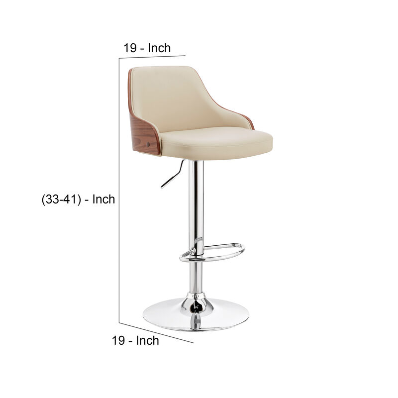 Faux Leather and Metal Adjustable Bar Stool, Cream and Silver-Benzara