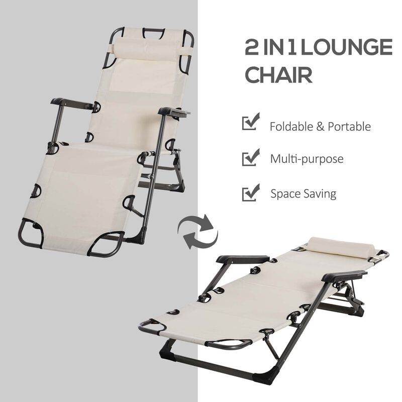 Outdoor Folding Reclining Lounge Chairs Beach Patio Oxford Fabric 120Â° /180Â° W/ Head Pillow Cream White