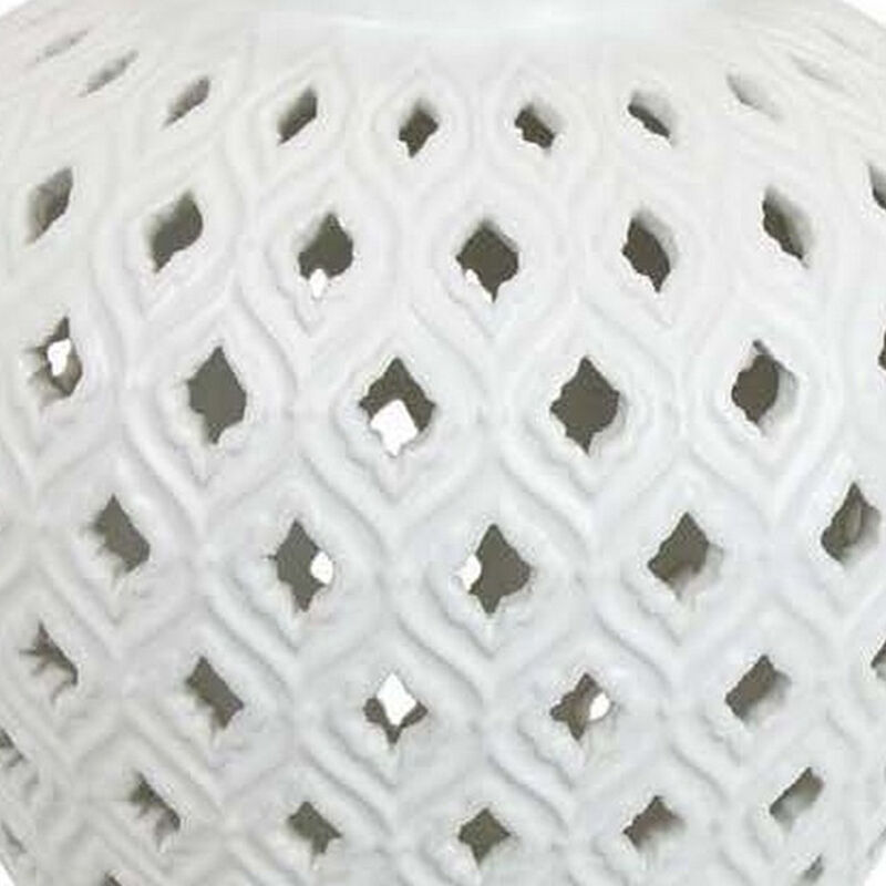 Deni 18 Inch Temple Jar, Pierced, Carved Lattice Design, Lid, White - Benzara