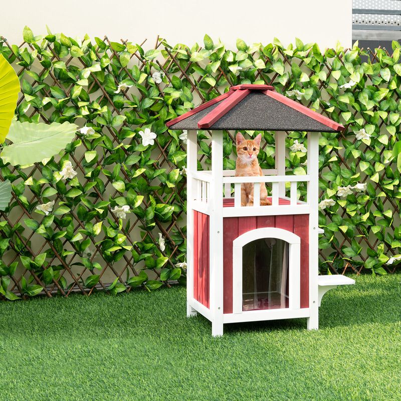 Costway Outdoor Cat House 2-Story Wooden Cat Shelter with Asphalt Roof Removable Floor