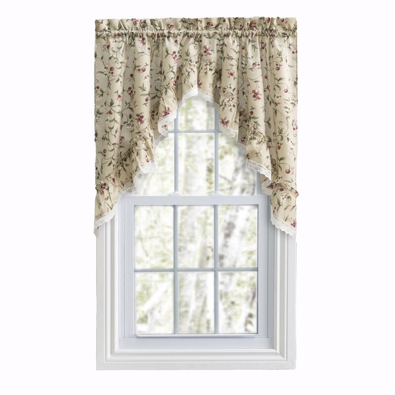 Ellis Curtain Cherries Ruffled 1.5" Rod Pocket Swag for Windows Lace Edge 58" x 36" Natural