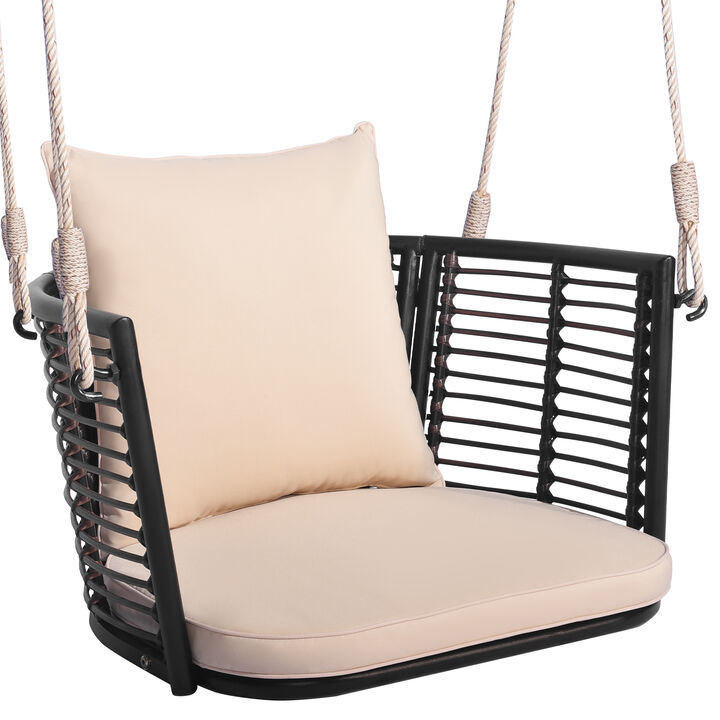 Single Person Hanging Seat with Woven Rattan Backrest for Backyard