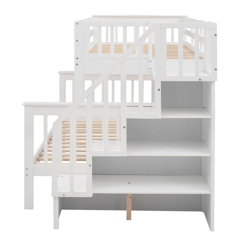 Stairway Twin-Over-Full Bunk Bed with Storage and Guard Rail for Bedroom, Gray color