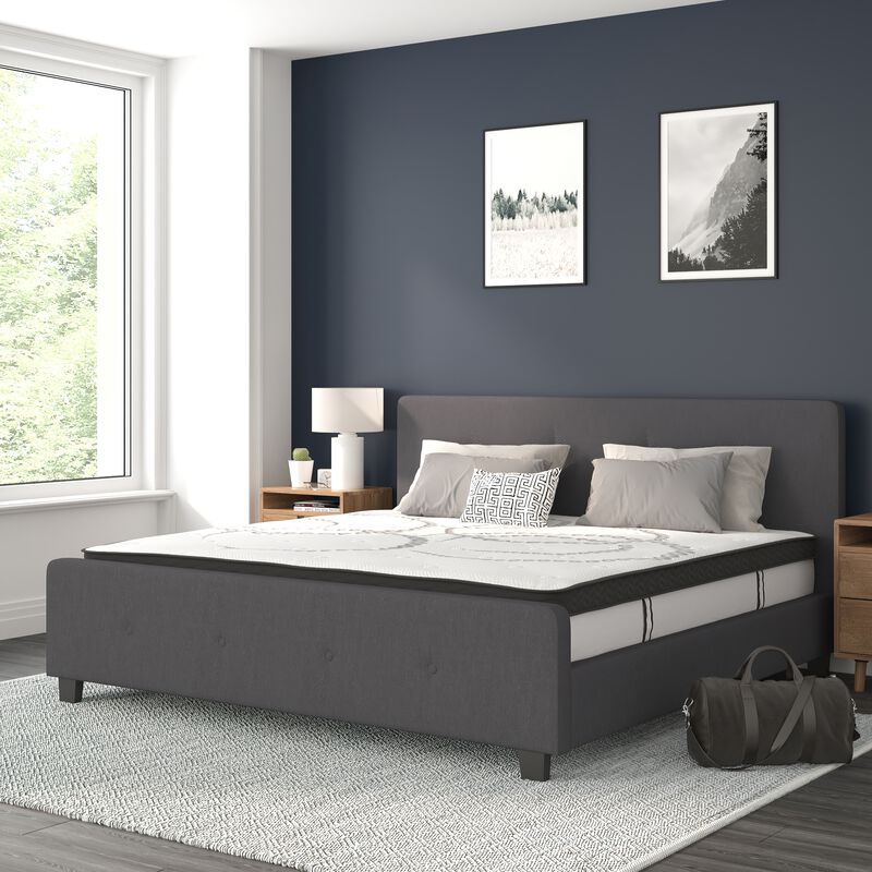 Tribeca King Size Tufted Upholstered Platform Bed in Dark Gray Fabric with 10 Inch CertiPUR-US Certified Pocket Spring Mattress