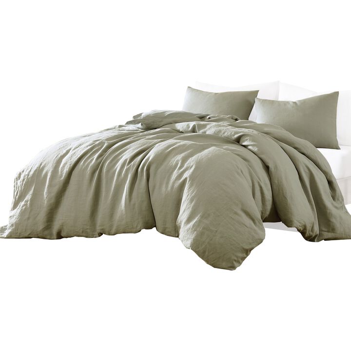 Edge 4 Piece King Size Duvet Comforter Set, Washed Linen, Sage Green - Benzara