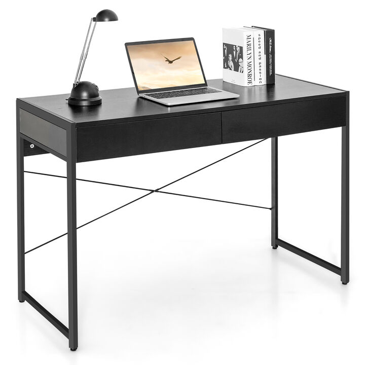 Costway Computer Desk Metal Frame Study Table Home Office Workstation w/2 Drawers Black
