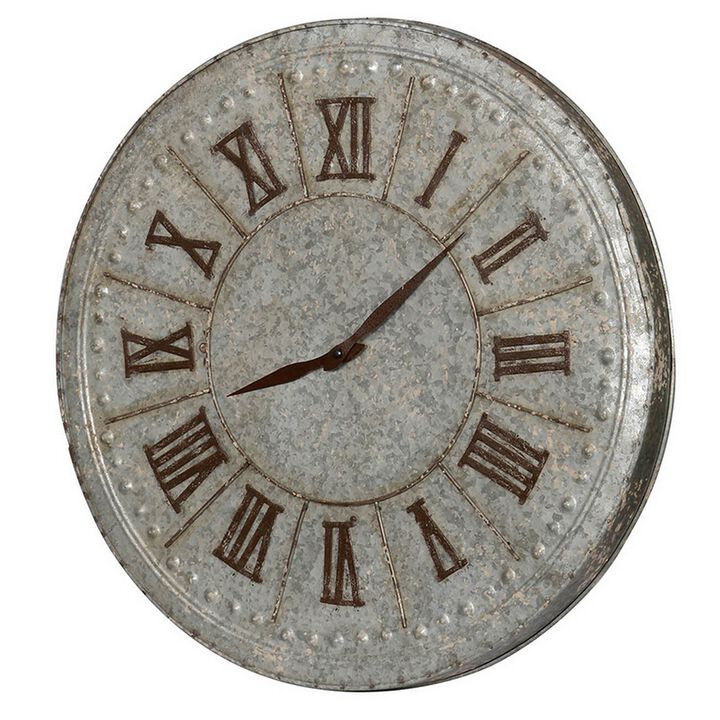 20 Inch Classic Round Wall Clock, Metal, Roman Numerals, Vintage Gray  - Benzara