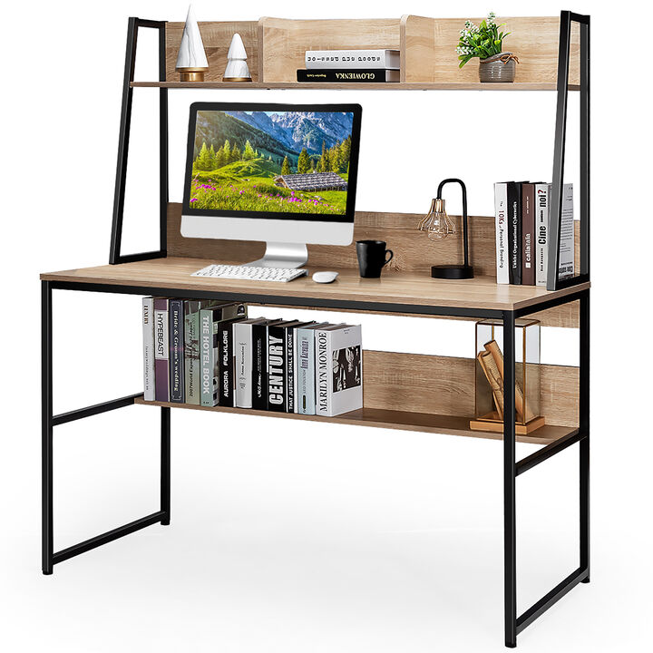 Costway 47'' Computer Desk w/ 3 Storage Cubes & Open Bookcase Home Office Natural