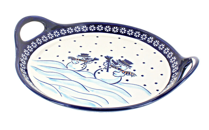 Blue Rose Polish Pottery Frosty Friend Round Tray with Handles