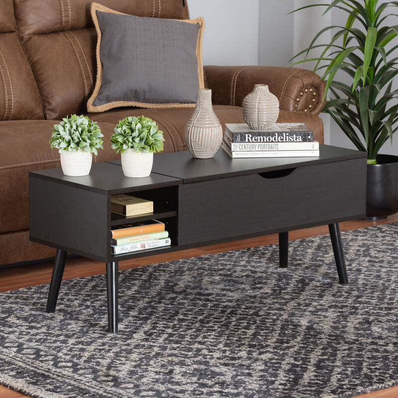 Baxton Studio Roden Modern Two-Tone Black and Espresso Brown Finished Wood Coffee Table with Lift-Top Storage Compartment