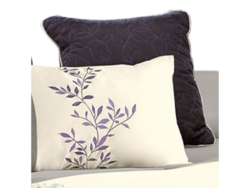 7 Piece Queen Polyester Comforter Set with Leaf Embroidery, Gray and Purple - Benzara