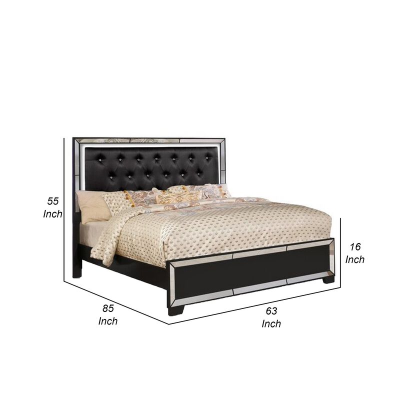 Eli Crystal Tufted Queen Bed, LED, Mirrored Inlays, Wood, Velvet, Black-Benzara