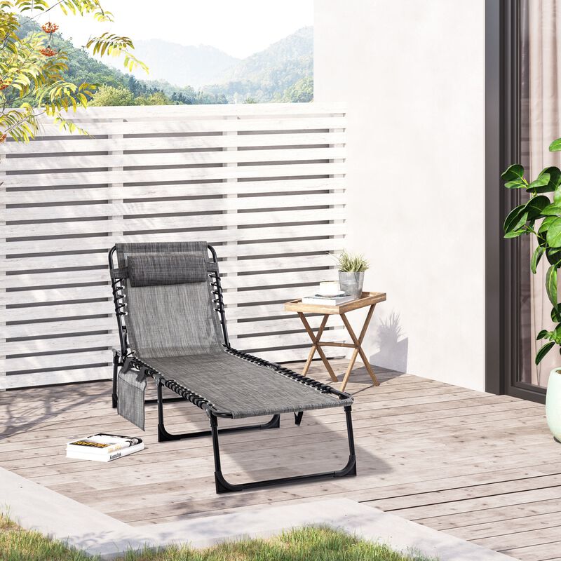 Grey Patio Lounger: Folding Chaise with 5-Level Adjustable Back