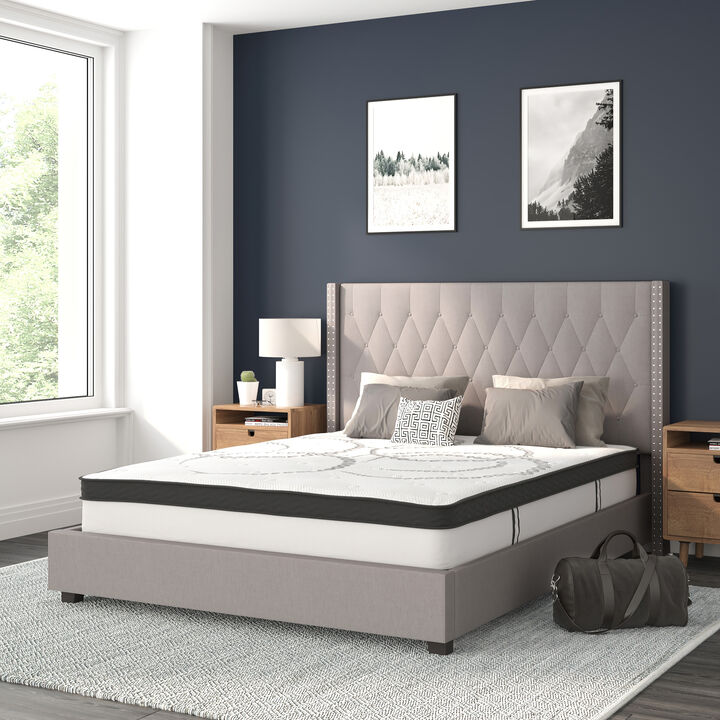 Riverdale Queen Size Tufted Upholstered Platform Bed in Light Gray Fabric with 10 Inch CertiPUR-US Certified Pocket Spring Mattress